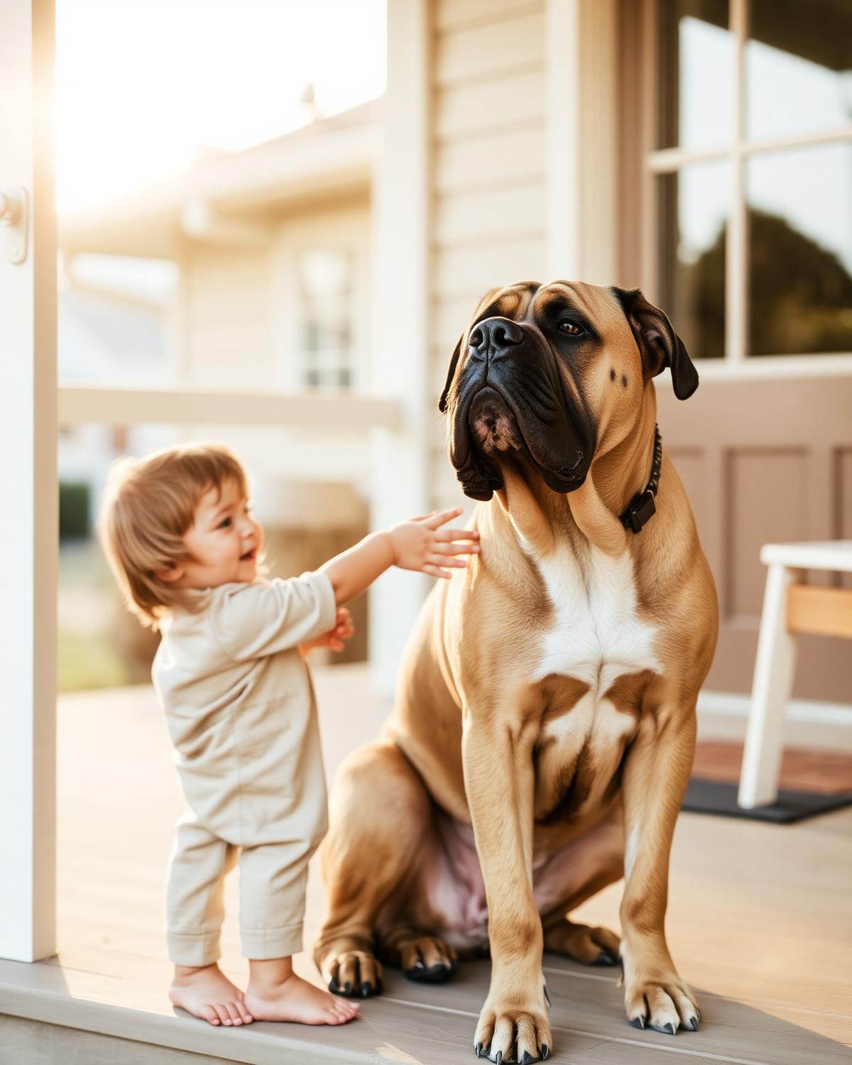 Toddler greeting a calm Cane Corso on the porch