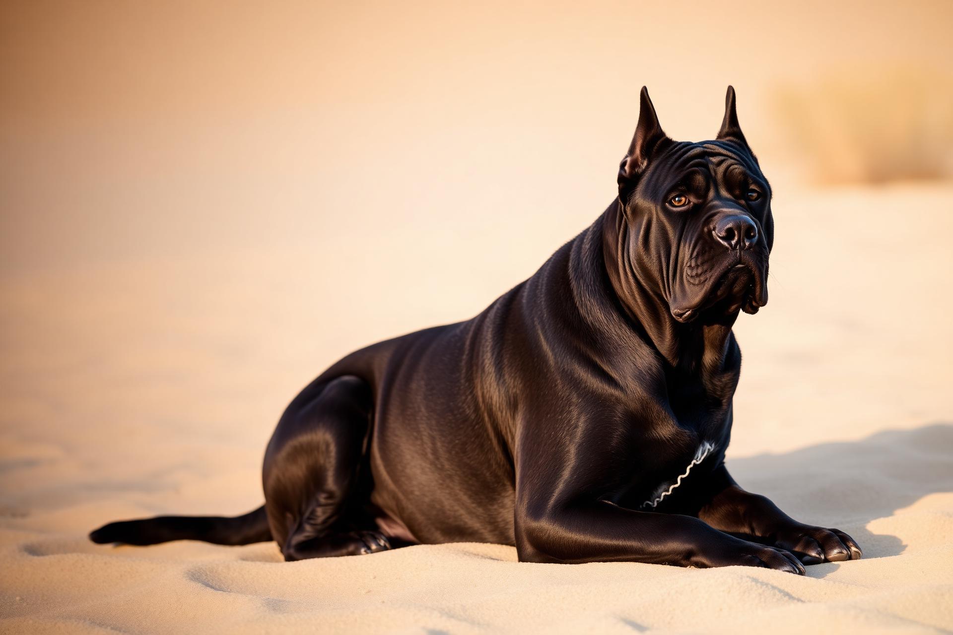 Cane Corso standing alert in warm evening light