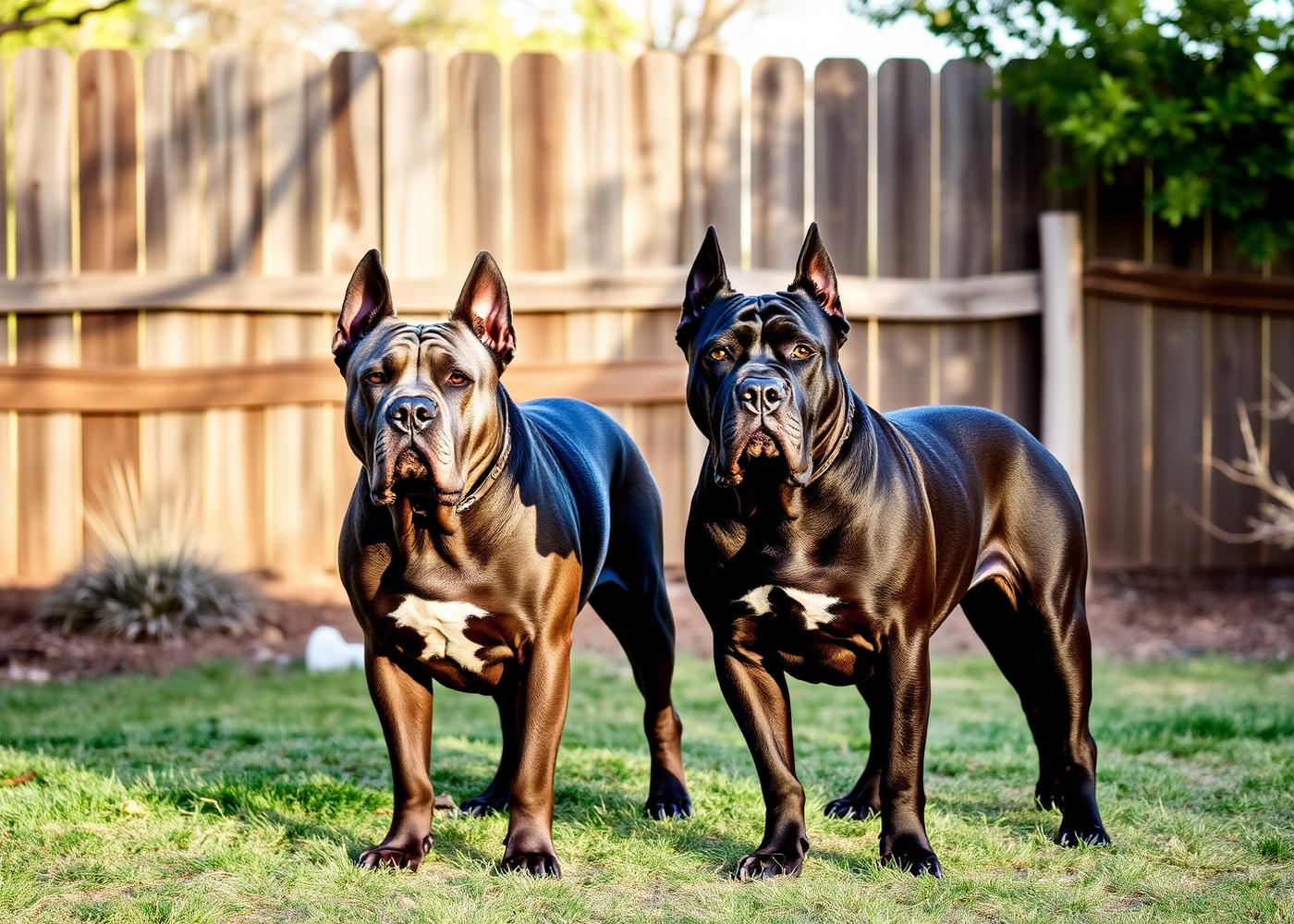Adult male and female Cane Corso standing side by side